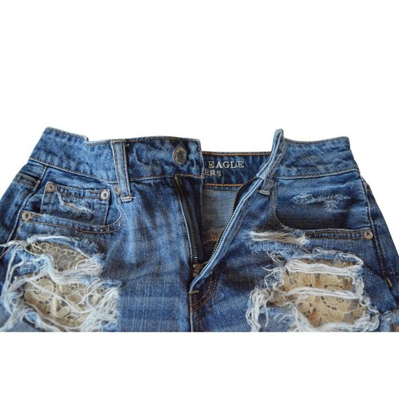 American Eagle Hi Rise Micro Mini Festival Distressed Denim Lace Shorts Size 2 - Picture 5 of 8